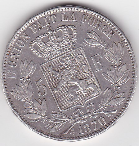BELGIA 5 FRANCI Francs 1870