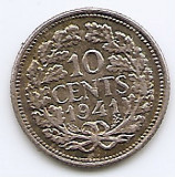 Olanda 10 Cents 1941 - Wilhelmina, Argint 1.4 g/640, 15 mm KM-163 (2), Europa