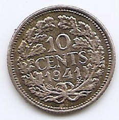 Olanda 10 Cents 1941 - Wilhelmina, Argint 1.4 g/640, 15 mm KM-163 (2) foto