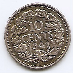 Olanda 10 Cents 1941 - Wilhelmina, Argint 1.4 g/640, 15 mm KM-163 (2)