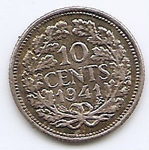 Olanda 10 Cents 1941 - Wilhelmina, Argint 1.4 g/640, 15 mm KM-163 (2) foto