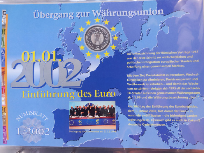 GERMANIA - FDC + MONEDA PROOF - 10 EURO 2002 F, INTRODUCEREA MONEDEI EURO