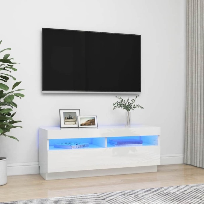 Comodă TV cu lumini LED, alb extralucios, 100x35x40 cm