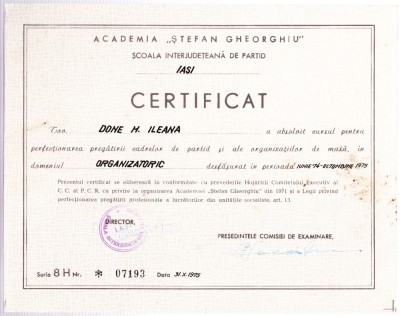 AMS# - CERTIFICAT PERFECTIONAREA CADRELOR PARTID ACADEMIA STEFAN GHEORGHIU 1975 foto