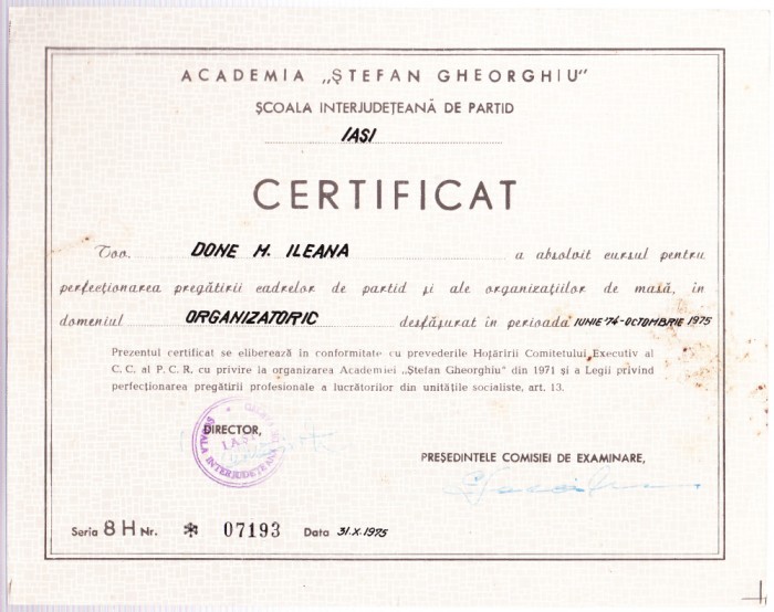 AMS# - CERTIFICAT PERFECTIONAREA CADRELOR PARTID ACADEMIA STEFAN GHEORGHIU 1975