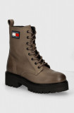 Tommy Jeans bocanci de piele TJW URBAN LACE UP BOOT femei, culoarea bej, cu toc plat, EN0EN02628