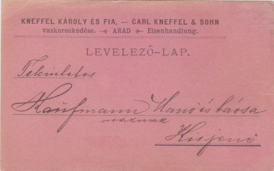 CP CORESPONDENTA Kneffel Karoly es Fia Arad Levelenzo-lap 1899 foto