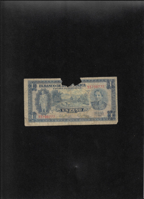 Rar! Columbia 1 peso oro 1953 seria93798777 bucata lipsa