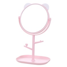 Oglina cosmetica cu picior, flippy, hd, rotire 360 grade, 15 cm diametru, suport bijuterii baza + brate, model cu urechi, 30 x 16.5 x 15 cm, roz