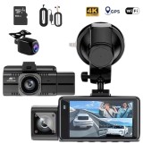Camera Auto de Bord DVR QOVU &reg; F6, 3 Lentile 4K Fata 2K Interior 2K marsarrier, Card 64GB &amp; Modul Protectie 24H incluse, Senzor coliziune, WiFi, GPS,