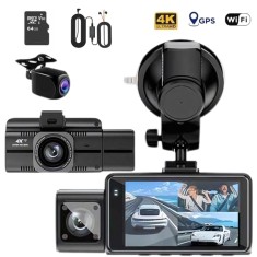 Camera Auto de Bord DVR QOVU &reg; F6, 3 Lentile 4K Fata 2K Interior 2K marsarrier, Card 64GB &amp; Modul Protectie 24H incluse, Senzor coliziune, WiFi, GPS,