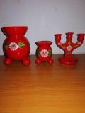 3x suport lumanare sfesnic din lemn sculptat manual rosu pictat manual floral bila rosie bile Suedia