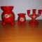 3x suport lumanare sfesnic din lemn sculptat manual rosu pictat manual floral bila rosie bile Suedia