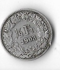 Moneda 1/2 franc 1903, putin lovita - Elvetia, 2,5 g argint 0,835
