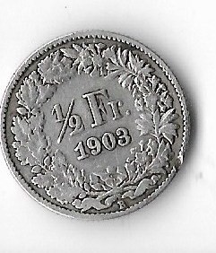 Moneda 1/2 franc 1903, putin lovita - Elvetia, 2,5 g argint 0,835
