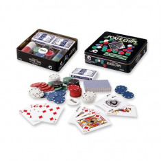 Set Poker cu 100 chips poker in cutie metalica, buton dealer, jetoane 4 culori de 1, 5 10 si 25, 2 carti joc