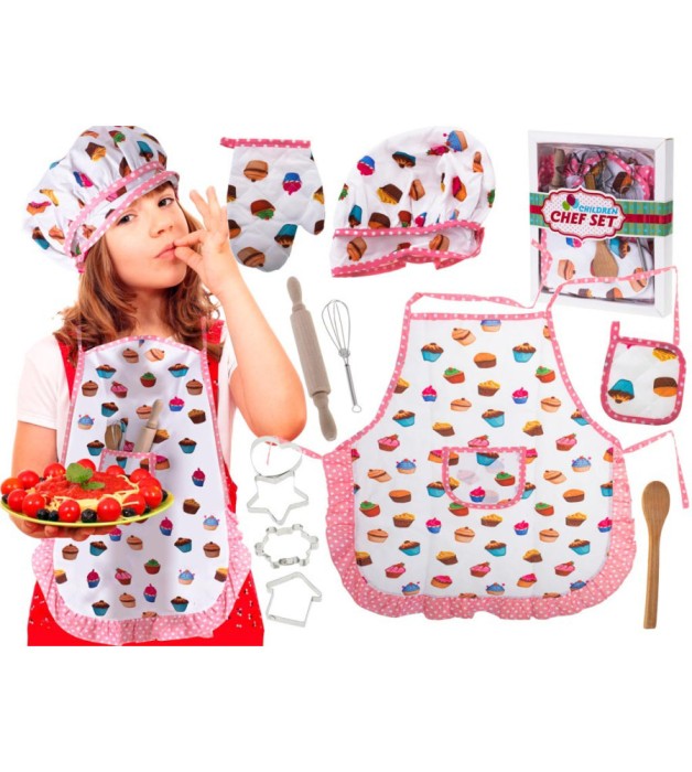 Set Chef copii, sort si ustensile pentru gatit, 8 piese