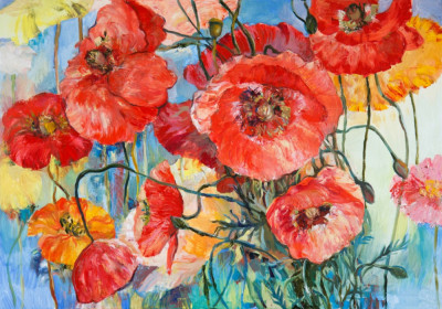 Tablou canvas Flori, maci, rosu, pictura, 105 x 70 cm foto