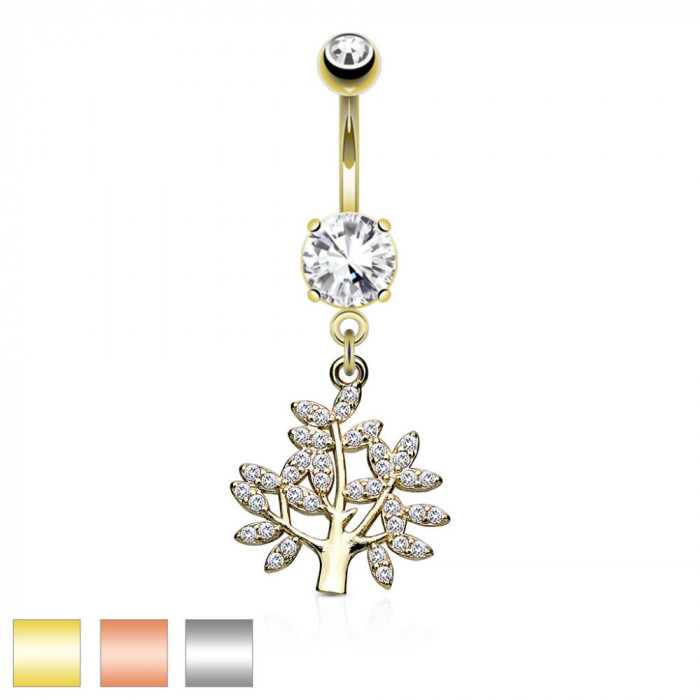 Piercing pentru buric, din oțel - arborele vieții, zirconii, modele de diferite culori - Culoare: Argintiu