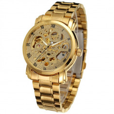 Ceas barbatesc Winner Gold Schelet automatic, curea din otel inoxidabil, stil Fashion + cutie cadou foto