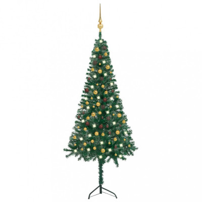 Set pom Crăciun artificial pe colț LED&amp;amp;globuri verde 240 cm PVC foto