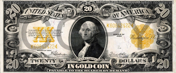 20 dolari 1922 Reproducere Bancnota USD , Dimensiune reala 1:1