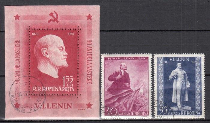 ROMANIA 1960 LP 491 LP 492 - 90 ANI NASTEREA LUI LENIN SERIE SI COLITA STAMPILATE