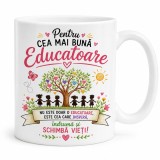 Cana Personalizată pentru Educatoare &ndash; &bdquo;Pentru Cea Mai Bună Educatoare&rdquo; &ndash; Cadou Grădiniță, Ceramică 330 ml. Albă