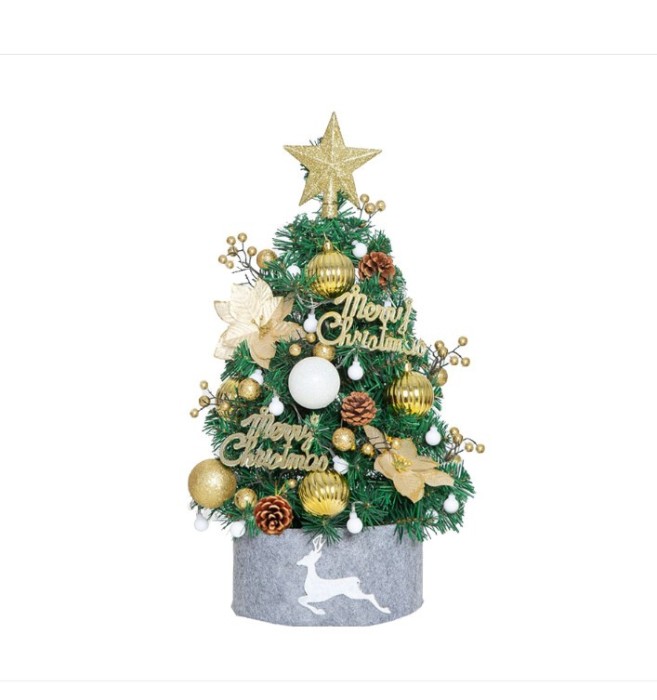Set brad de Craciun artificial pre-impodobit, verde cu accesorii aurii, 60cm, LED, multicolor