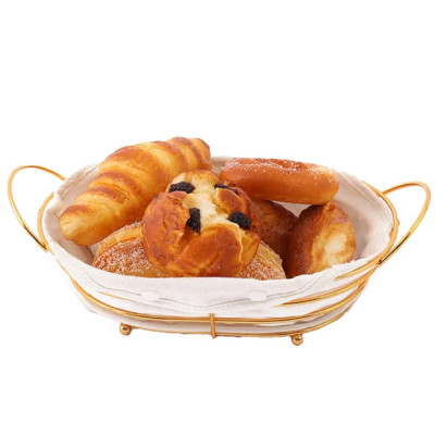 Cos metalic oval Pufo de bucatarie pentru servire paine, cu picioruse si husa detasabila textila, 26 x 19 cm, auriu foto