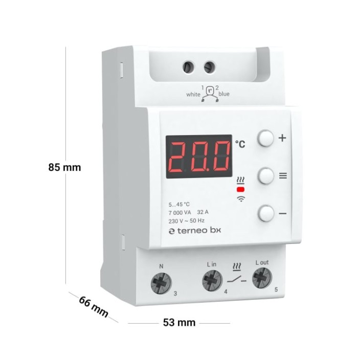 Termostat Smart Wi-Fi Terneo BX - 32A 7000VA, montaj pe sina DIN, control prin aplicatie, compatibil Google Home, pentru incalzire pardoseala