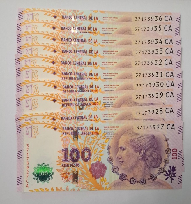 Argentina 100 Pesos 2016 Eva Peeron Comemorativa UNC - 10 bancnote consecutive