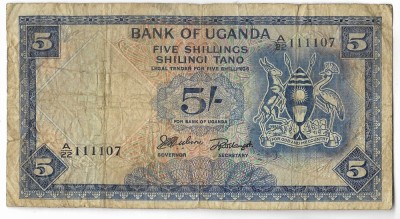 Bancnota 5 shillings 1966 - Uganda foto