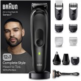 Aparat de tuns multifunctional Braun MGK7460, Wet&amp;amp;Dry, AutoSense, 12-in-1, 2 piepteni ficsi, 4 piepteni, 3 capete, 1 aparat de ras Gillette, auton