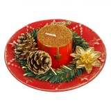 Compoziție Decorativă Crăciun, Lumanare, Diametru 15 cm, Culoare Roșu, Accesorii: Conuri și Frunze Verdii, Oem