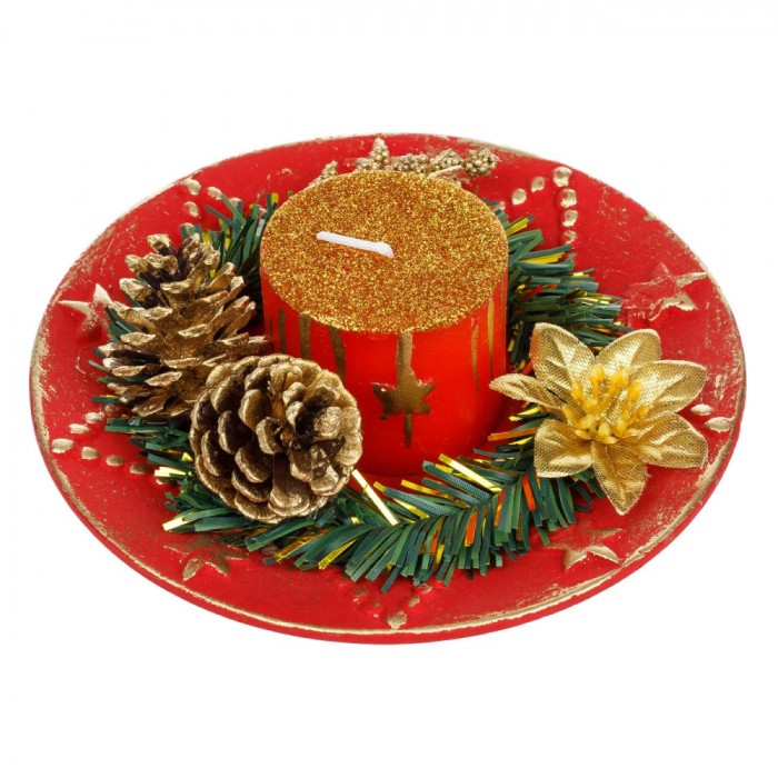 Compoziție Decorativă Crăciun, Lumanare, Diametru 15 cm, Culoare Roșu, Accesorii: Conuri și Frunze Verdii