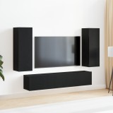 Set Dulap TV vidaXL 4 Piese Montat pe Perete Negru Stejar Lemn Laminat, Suport TV vidaXL Negru Stejar 80x30x30 cm Fabricat din Lemn Laminat, Dulapuri