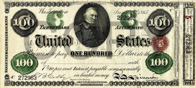 100 dolari 1865 Reproducere Bancnota USD , Dimensiune reala 1:1 foto