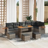 Set canapele grădină vidaXL 10 piese cu perne Gri Ratan Acacia, Set masă și scaune grădină vidaXL 4 piese cu perne Gri Ratan Acacia