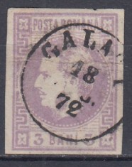 ROMANIA 1868 LP 22 REGELE CAROL CU FAVORITI 3 BANI VIOLET STAMPILAT GALATI foto