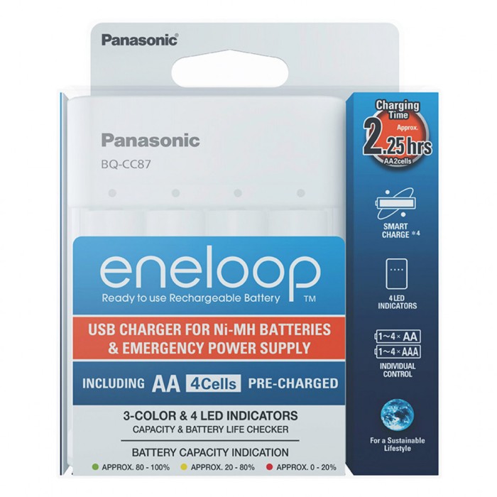 Incarcator Baterii Reincarcabile, Include 4x AA LR6 1900mAh, SMART &amp; QUICK cu USB si Functie de PowerBank, Eneloop K-KJ87MCC40USB
