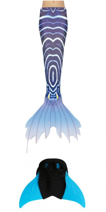 Set 2 piese Costum de baie Sirena THK, include si Inotatoarea pentru fixarea cozii, Albastru aquamarin/Bleumarin, 110 cm