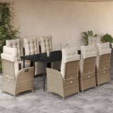 vidaXL Set de masă pentru grădină, 9 piese, cu perne, bej, poliratan