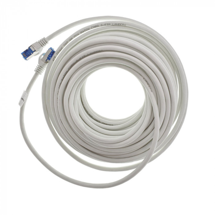 Cablu ecranat S FTP, Lanberg 42736, cat.6A, mufat 2xRJ45, lungime 20 m, AWG 26, 500 MHz, LSZH, de legatura retea, ethernet, alb