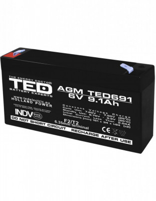 Acumulator AGM VRLA 6V 9,1A dimensiuni 151mm x 34mm x h 95mm F2 TED Battery Expert Holland TED002990 (10) SafetyGuard Surveillance foto