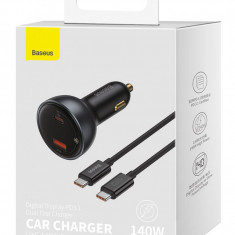 Încărcător Rapid Auto Afișaj Digital Baseus USB / USB-C PD3.1 140W Negru + Cablu USB-C Baseus Superior Series 5A 240W 1M Negru CGZX070001