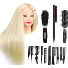 Set Kit Coafor pentru Impletituri Creativ, Cap Manechin Par Blond 50% Natural, 55 cm