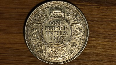 R10 India Britanica -bijuterie argint 917- 1 rupee 1916 AU/UNC -George V- impecabila - dimensiune mare 11.66g &amp;bull; ⌀30.5mm foto