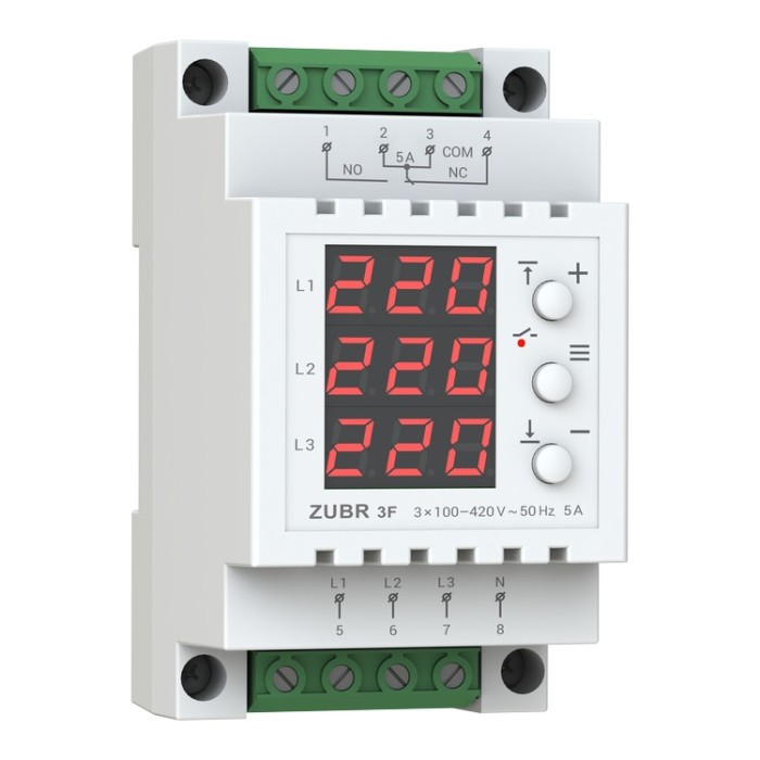 Releu de tensiune trifazat ZUBR 3F - Curent 5A, TrueRMS, intarziere reglabila 3-600s, montaj DIN, protectie impotriva dezechilibrelor de faza