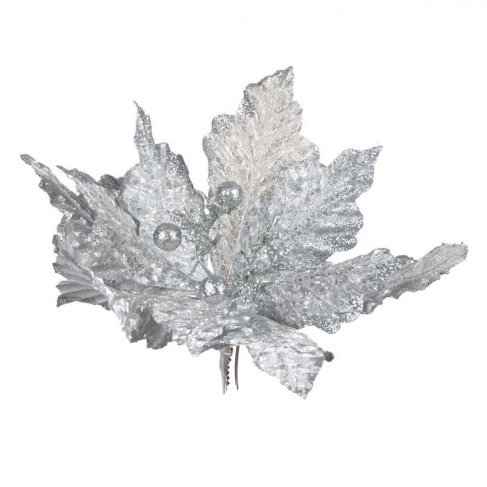 Ornament Crăciun Floare, Glitter și Paiete, Clips, 23 cm, Argintiu